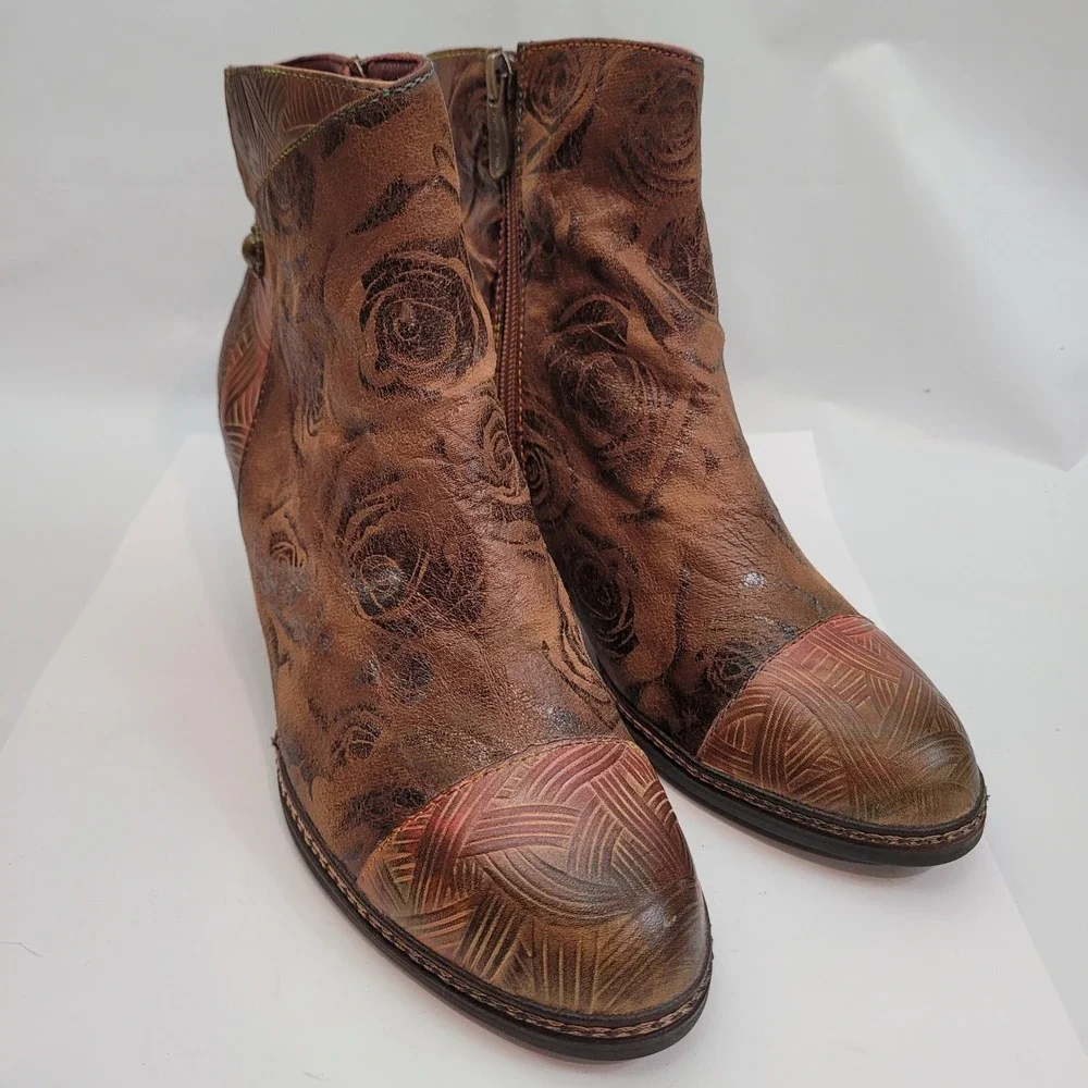 Spring Step L'Artiste Ankle Boots Womens Brown Gold Floral Leather 39